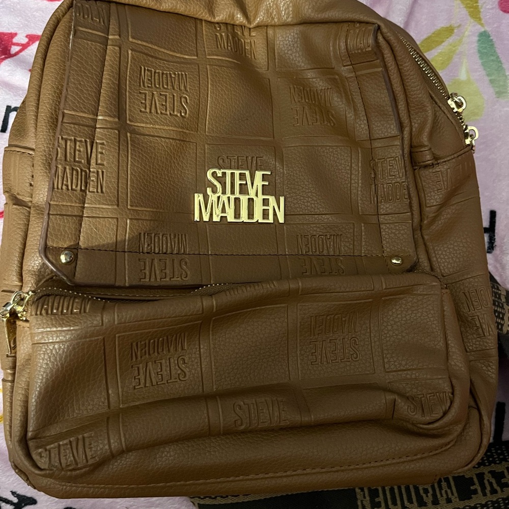 Steve Madden Brown Quilted Backpack with Gold Hardware